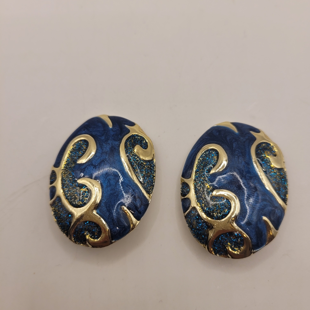 Blue and Gold Oval Earrings